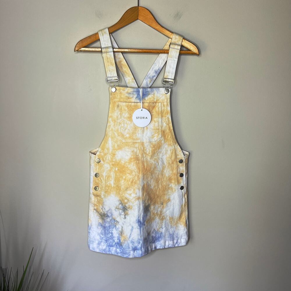 NWT - Storia Tie Dye Yellow Blue White Overall Pinafore Mini‎ Dress Medium